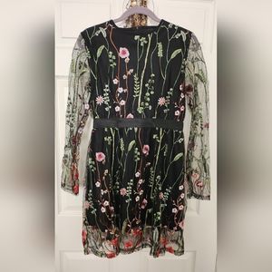 Milumia Women's Floral Embroidery Mesh Round Neck Tunic Party Dress